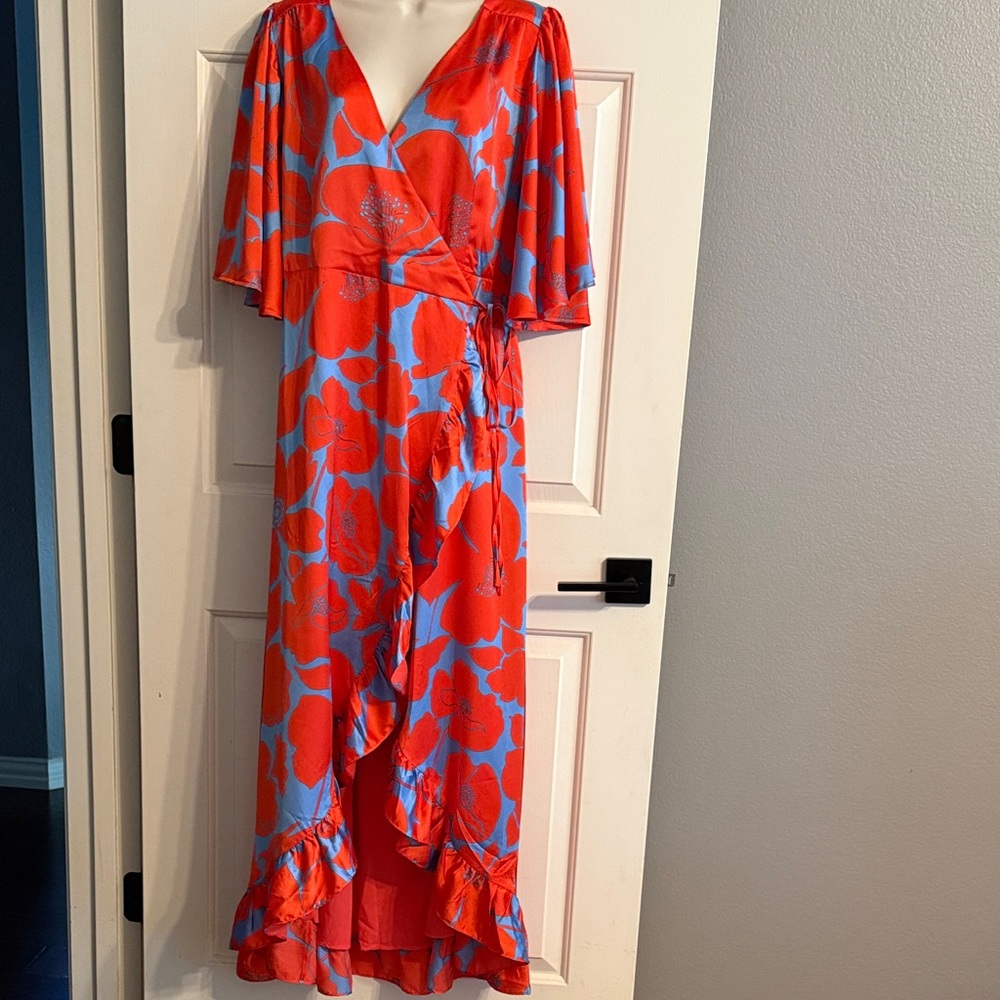 Elegant Orange and Blue Floral Wrap Dress